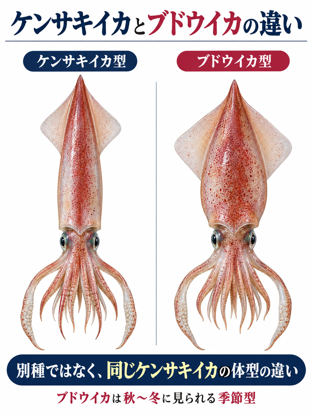 ケンサキイカ型とブドウイカ型の体型を並べて比べた図