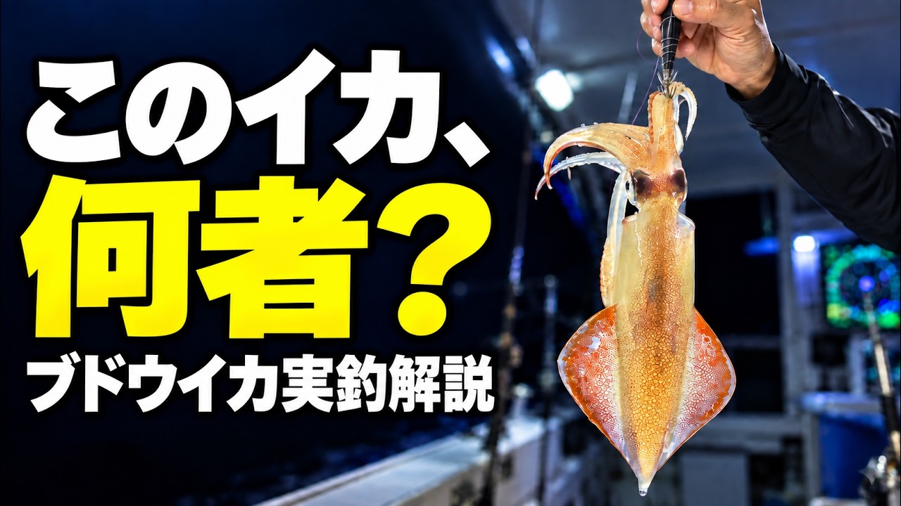 動画「ケンサキイカと何が違う？ブドウイカを実釣しながら解説！」のサムネイル。船の上で釣り上げたブドウイカ